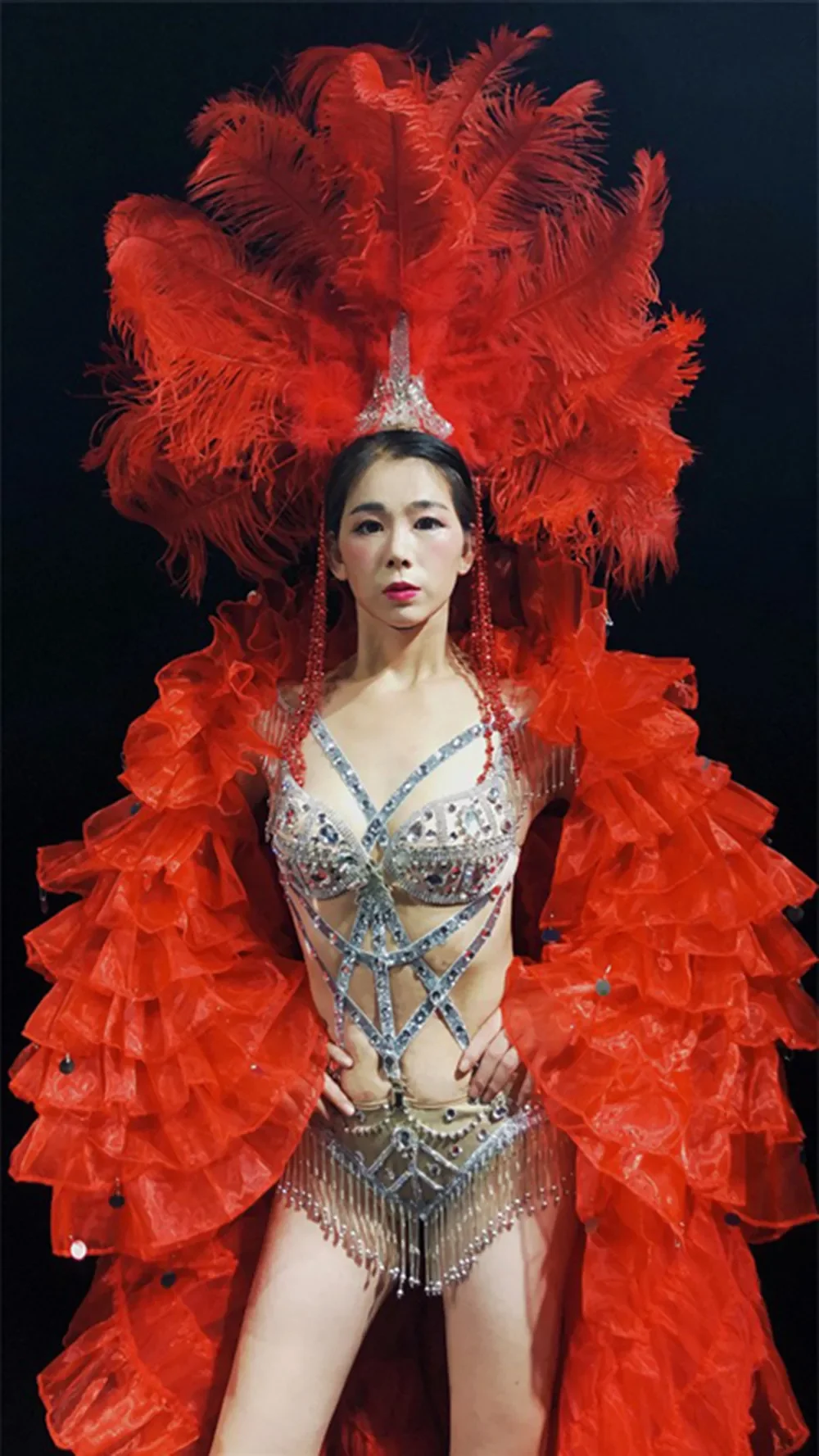 Rhinestone Bikini Pole Dance Clothes Red Pleated Coat Dancer Stage Costume Nightclub Gogo Dance Outfit Festival Clothing yj