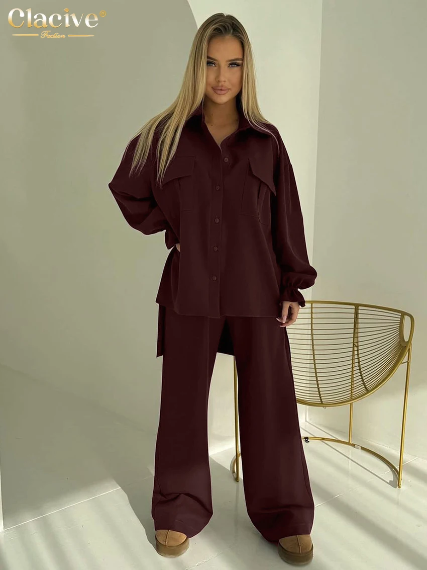 

Clacive Fashion Loose Wine Red Two Piece Set For Women 2025 Elegant Long Sleeve Shirt With High Waist Wide Pants Set Female