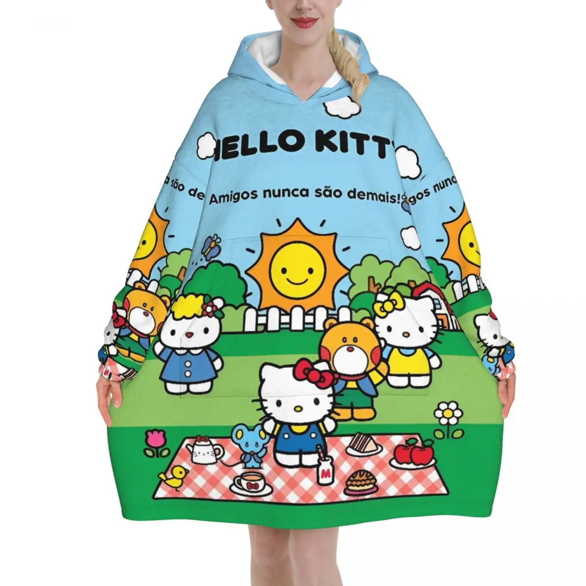 Lovely Hello Kitty Blanket Hoodie Oversized Wearable Sweatshirt Blanket Warm Gifts for Women Girls Girlfriend