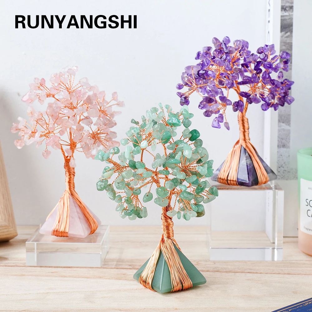 Natural Rose Quartz Money Tree Seven Chakra Gemstone Pyramid Crystal Base Sculpture Figurine Home Goods Decoration