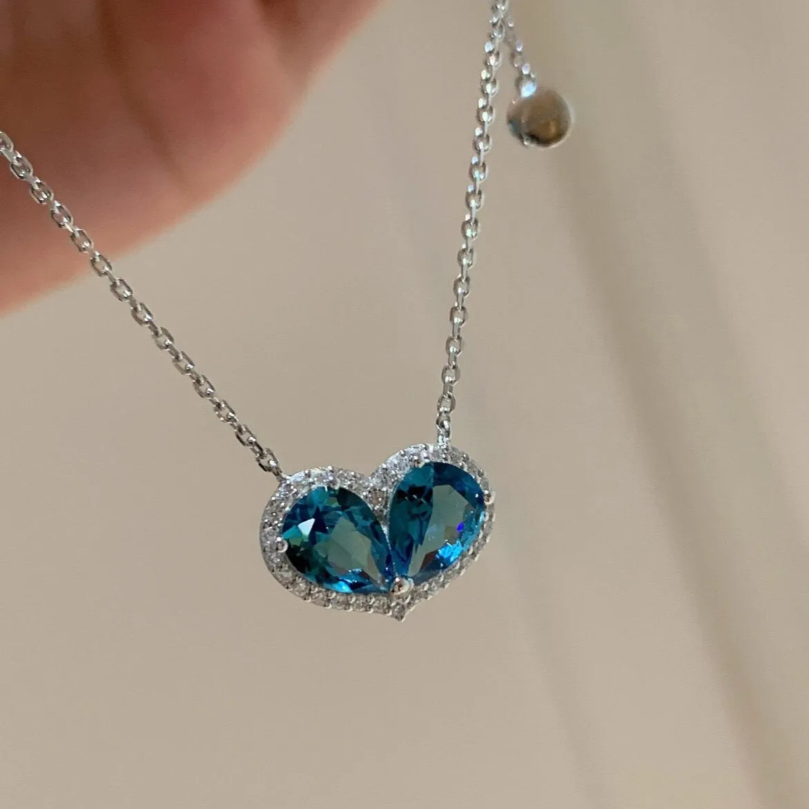Pear Cut Natural Blue Topaz 925 Sterling Silver Heart Pendant Necklace for Women Gemstone Jewelry Choker Valentine's Day Gift
