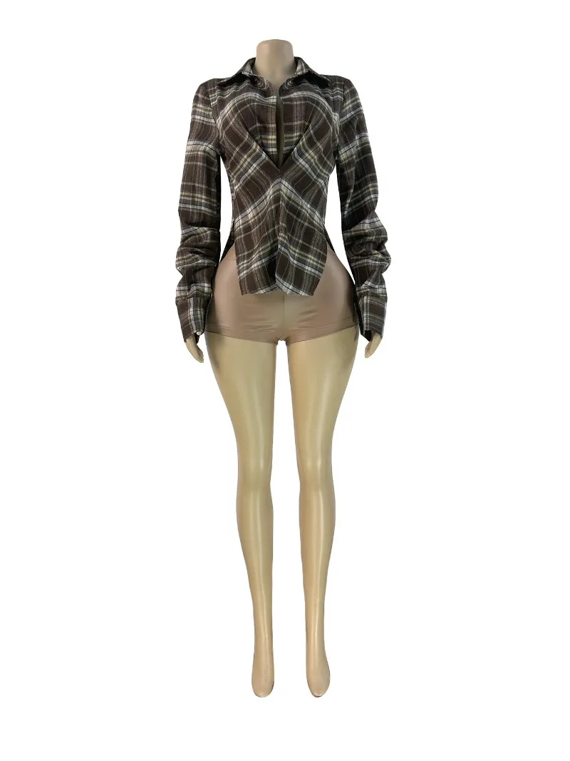 Plaid Pullover Shirts Frauen Mode Drehen Unten Kragen Gefaltete Langarm Split Asymmetrische Bluse Casual Streetwear Tops