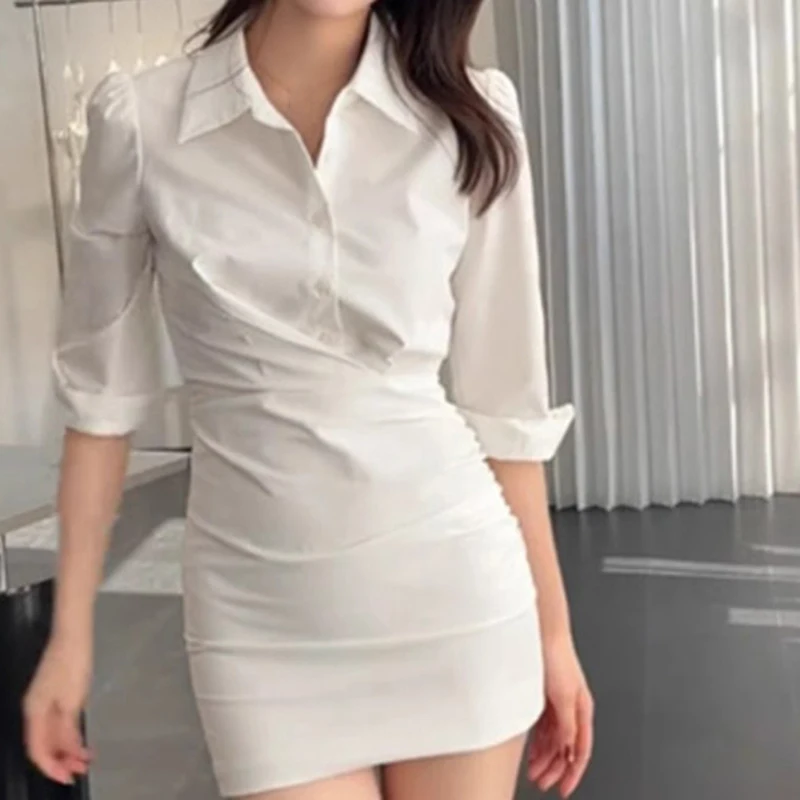 Women's Temperament White Shirt Dress New Pure Desire Fashion Solid Color Short Style Single Breasted Design Mini Dresses