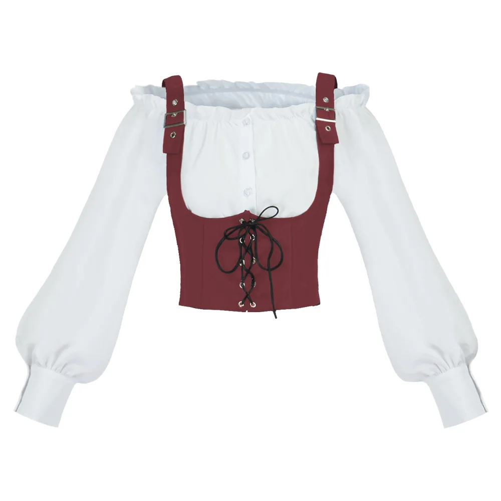 Retro Western Style Women Blouse Suede Vest Splicing Long Sleeve Cropped Top Corset Tee Shirts Oktoberfest Halloween Costume view 2