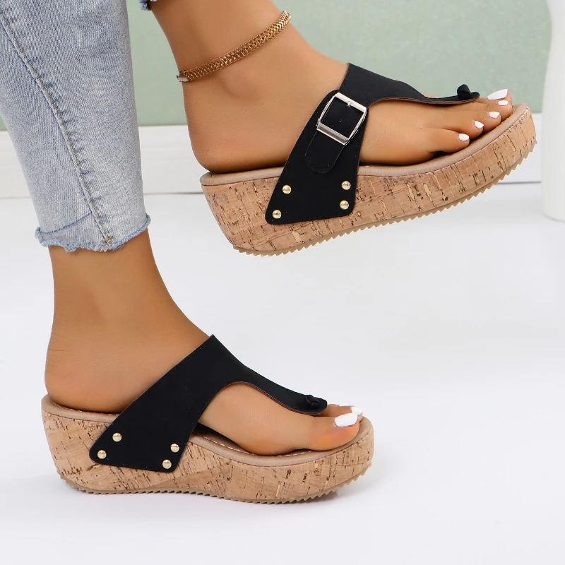 2024 Women Summer New Woman Metal Buckle Design Beach Flip Flops Slip on Outdoor Female Fashion Wedges Sandals Shoes for Women