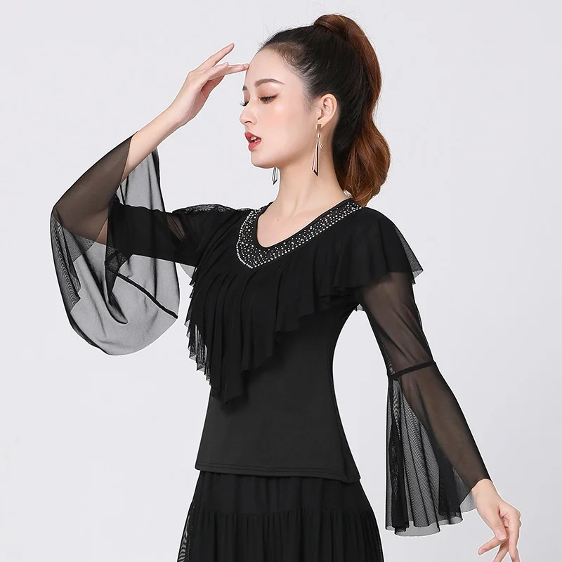 Lange Mouwen Latin Dance Kostuum Vrouwen Tango Latin Dance Training Top Trompet Mouw Blouse Dance Performance Dancewear Outfits