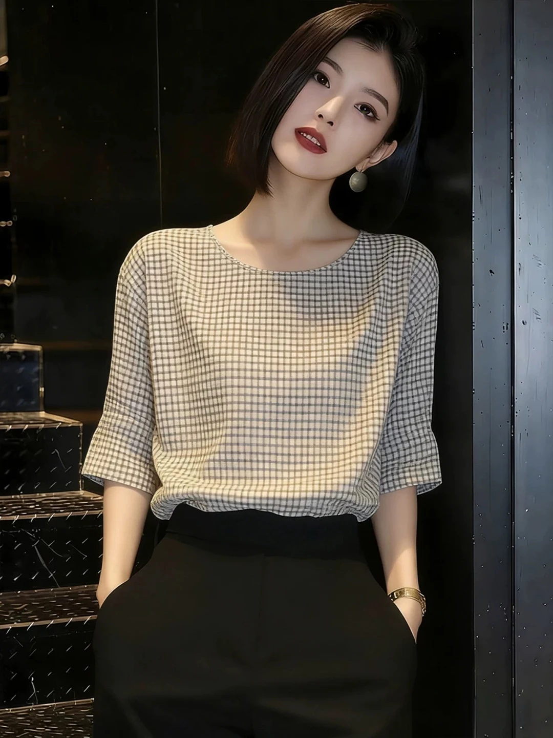 

Trendy Checkered Sun-Protective Shirt for Women Gentle Color Collision Commuter Style Summer Fashionable Top Five Sleeve