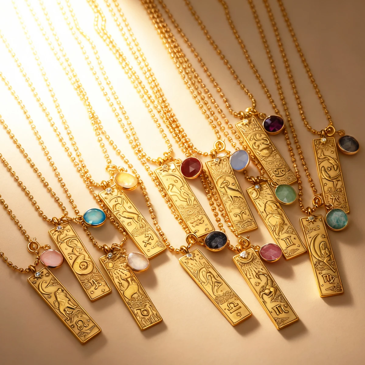 

Plated Rectangular 12 Zodiac Signs Pendant Necklace with Natural Birthstones Stainless Steel Jewelry for Men and Women