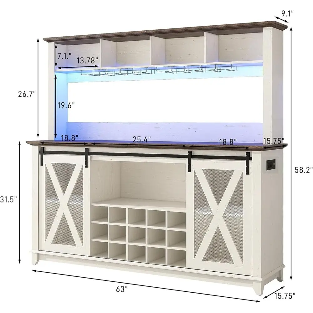 63Wide 58H armCoee ar Cainet with Power Outlet and LED Light,Wine ar Cainet w/ 4 StoraHutch,Kitchen uet Cainet with 15 Wine and