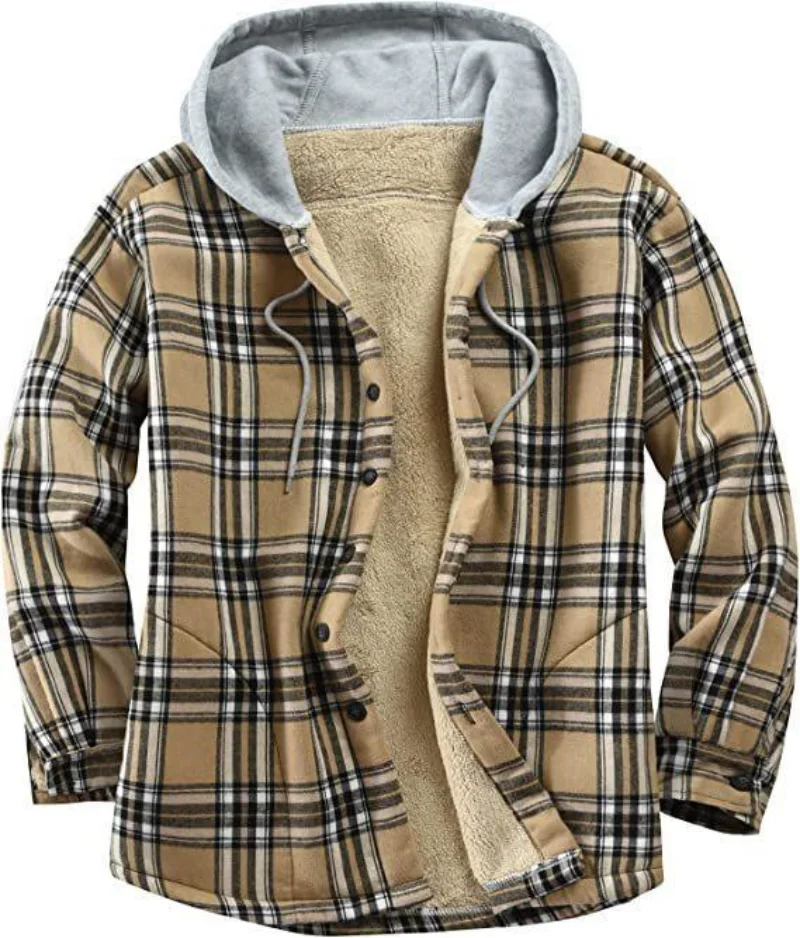 

Men's Flannel shirt jacket quilted lining long sleeve plaid coat Men Thick Cotton hooded Coat Men jacket