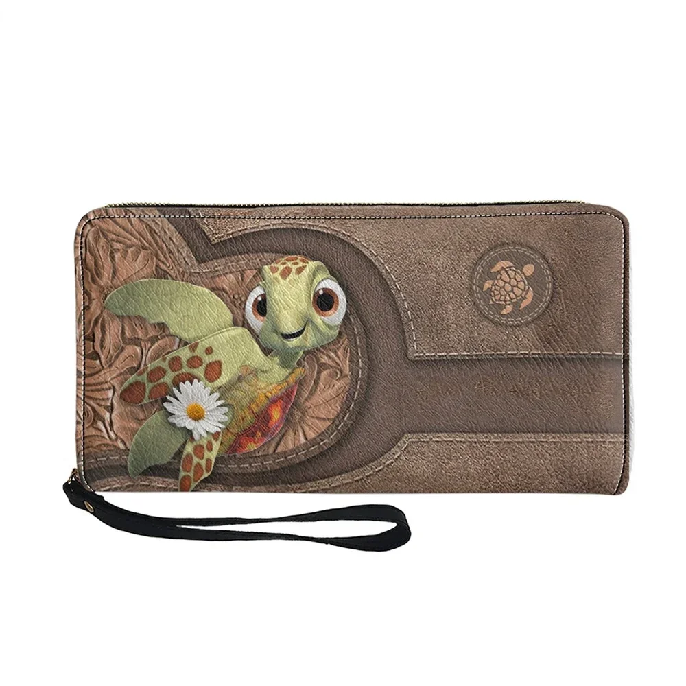 Funny Hawaiian Cartoon Sea Turtle Print Wristlet Wallets Woman Long Leather Coin Pouch Fashion Zipper Clutch Purses Custom Name