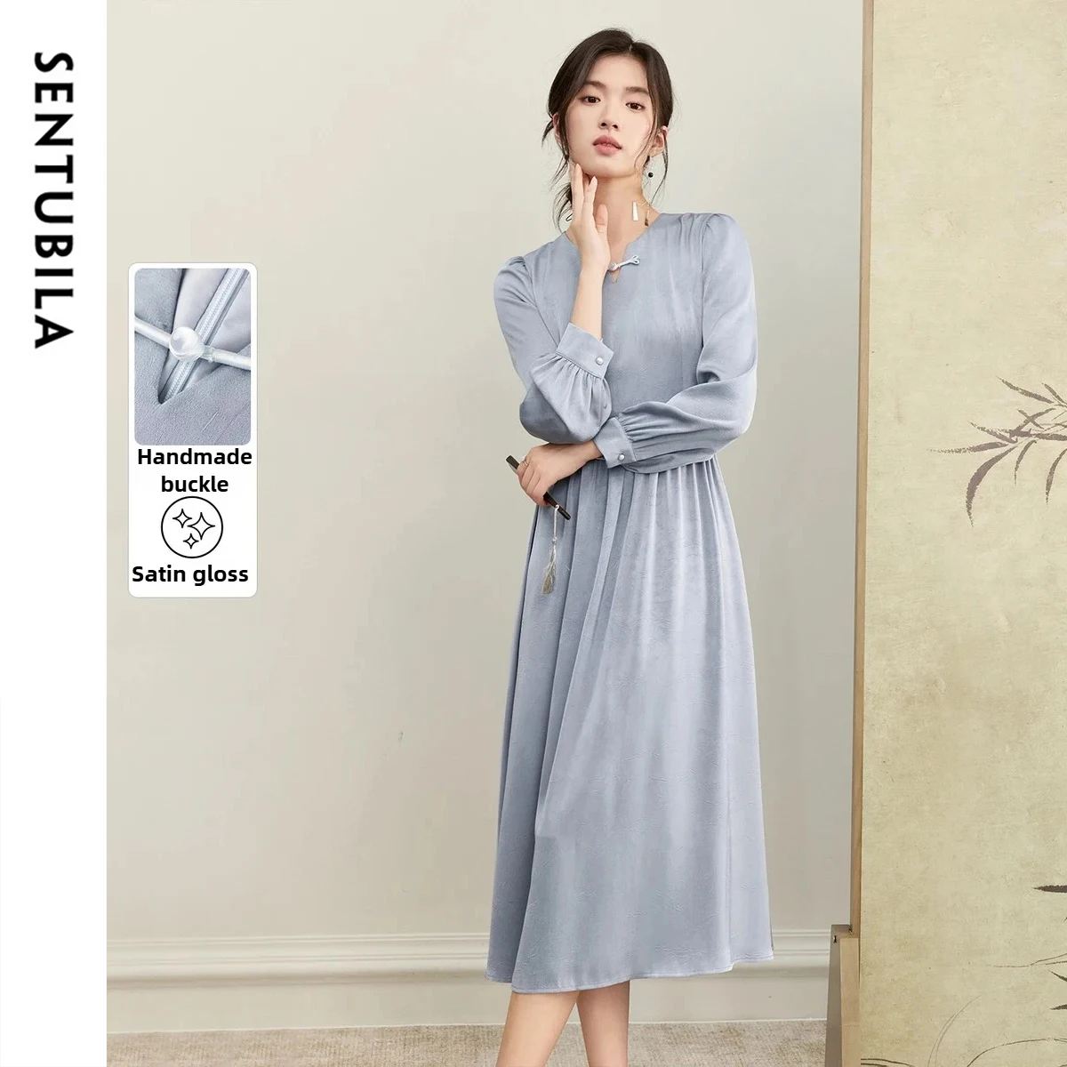 

SENTUBILA Women's Satin Dress 2025 Autumn New Round V-Neck Disc Buckle A-Line Tie Waist Elegant Commute Long Dress 153LI2638
