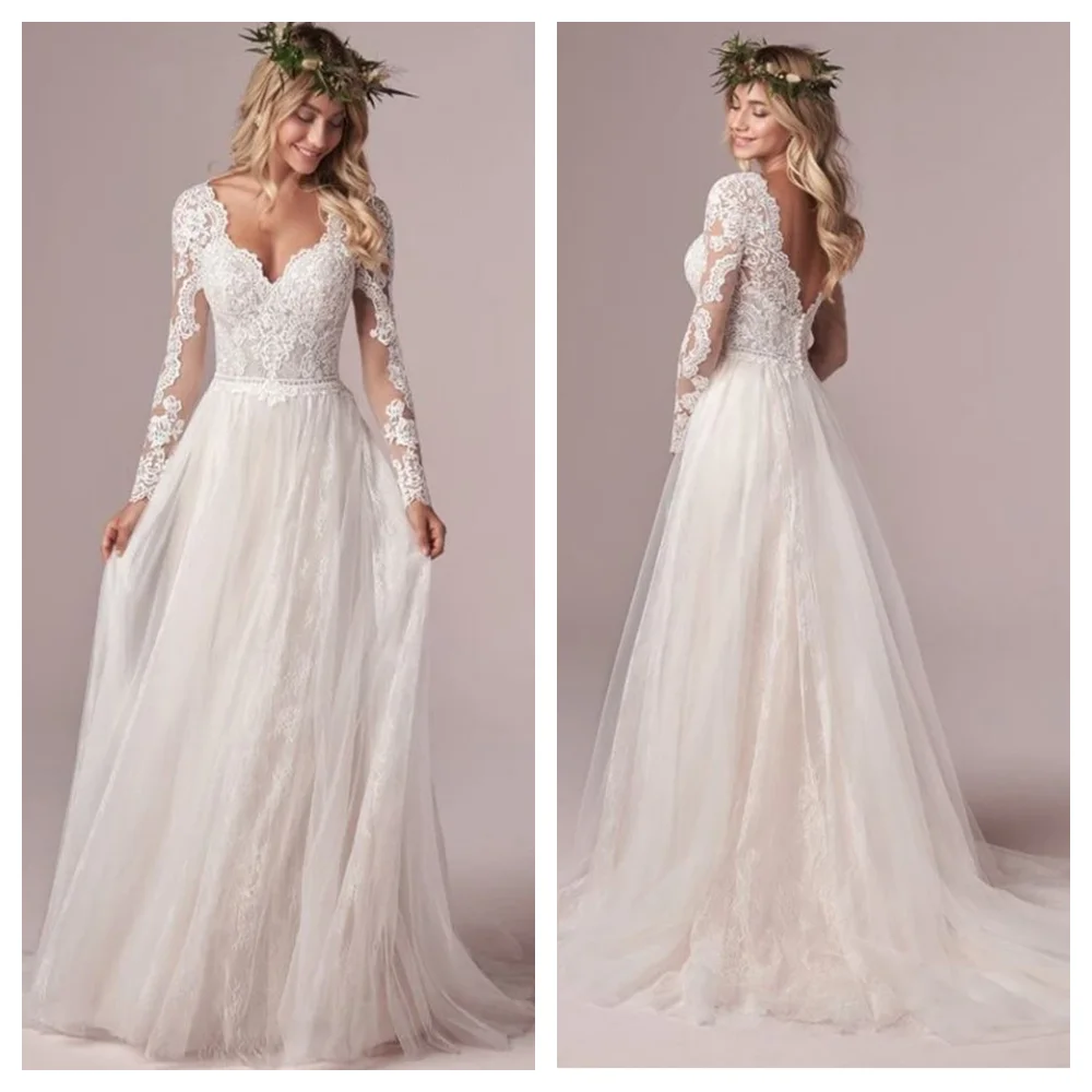 

Bohemian Long Sleeves Wedding Dresses For Women V Neck A Line Bridal Gowns With Lace Applique Sweep Train Beach Vestido De Novia