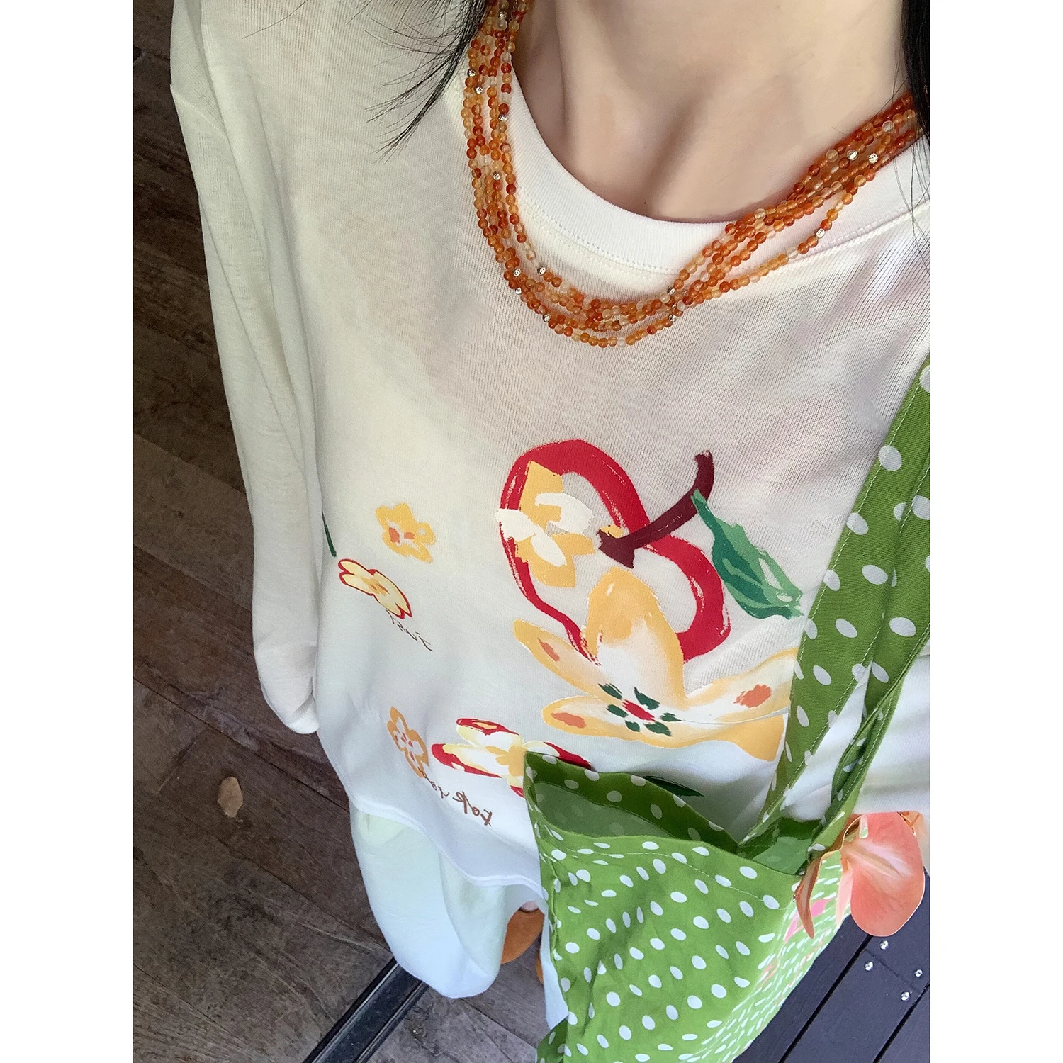 Sakura Model Graffiti Long Sleeve T-Shirt Women Loose Casual Breathable round Neck Top Versatile Cover up Summer Fashion