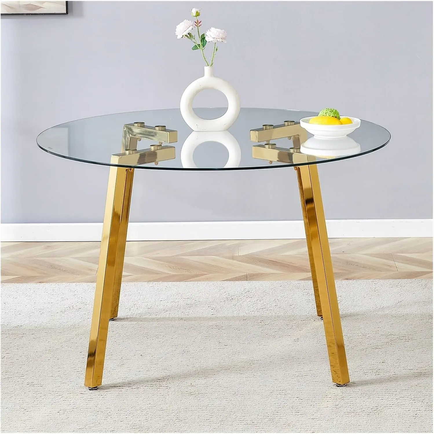 Modern Round Tempered Glass Dining Table With Gold 7-Shaped Metal Legs, 47.3-Inch Transparent Top, For Dining Room, Office, Or