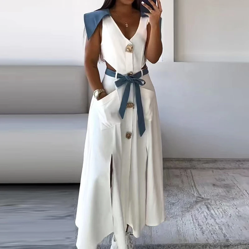 Chic Color Blocked Hollow Out ชุดเดรสแขนกุดแฟชั่นไม่สม่ําเสมอเดี่ยวเข็มขัดแยกชุดยาวใหม่ Elegant Pocket Dress
