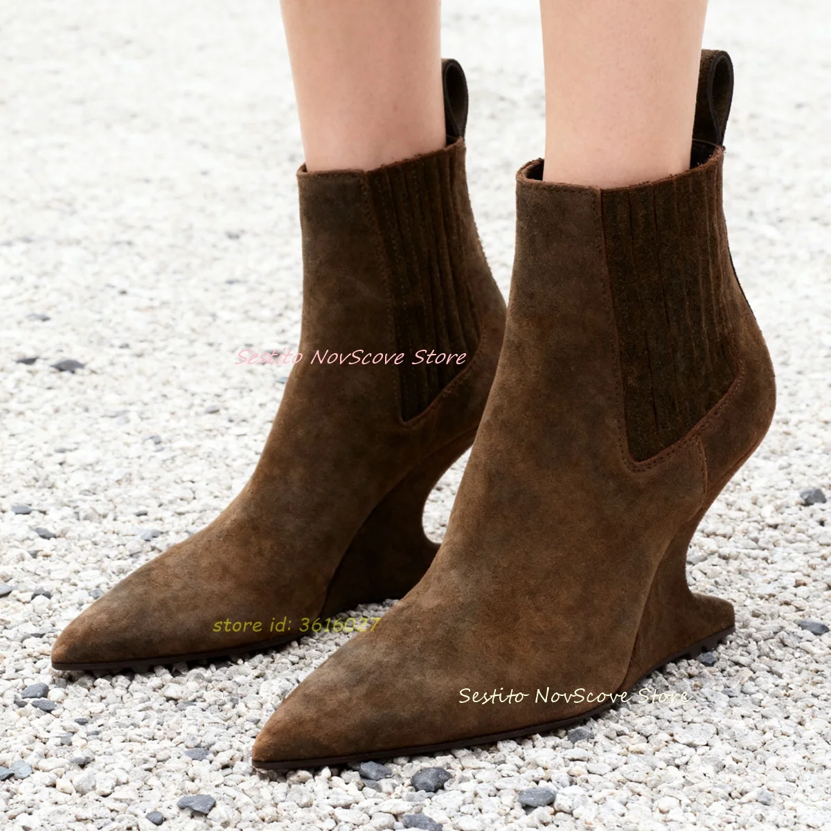 

Brown Suede Ankle Boots Pointy Toe Strange Wedge Heels Sewing Short Booties Autumn Sexy Women Classic Party Dress Ankle Booties