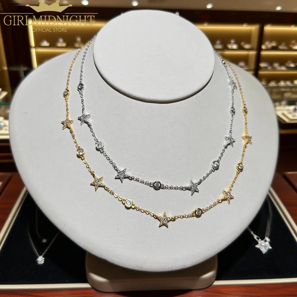 

925 Sterling Silver Micro Pave Cubic Zircon Star Charms Necklace for Women Choker Elegant Luxury Cz Station Wedding Jewelry