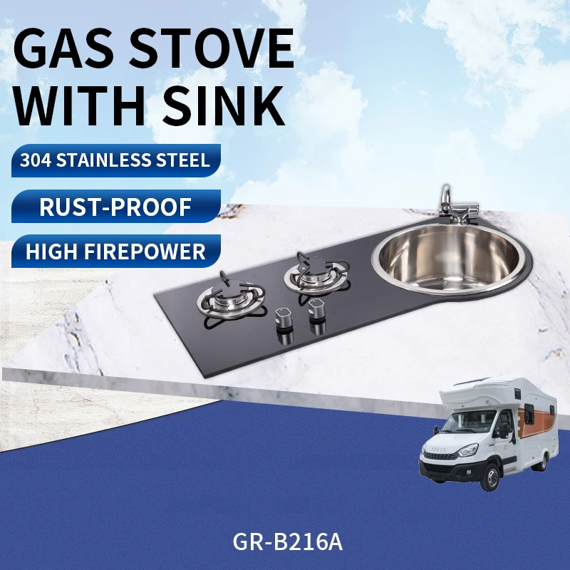 

Household gas stove RV camper glass table with sink integrated stainless steel gas stove GR-B216A