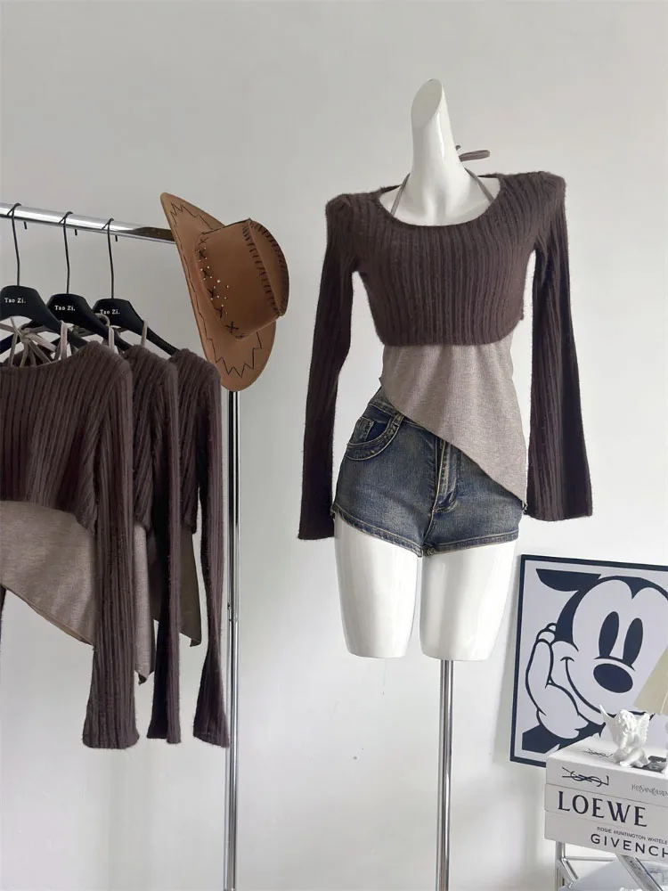 

y2k Aesthetic Two-piece Knit Sweater Autumn And Winter Sexy Chic Slim-fit Fashion Design Sense Warm Pullover Long Sleeve Sweater