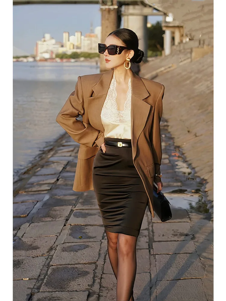Importante ocns marrom terno jaet feminino casual profissional coreano sle novo 2025 início do outono sentimento high-end