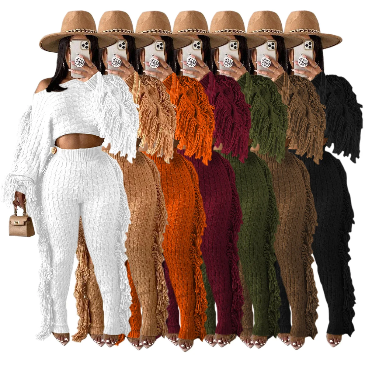 Women Set Autumn Winter Fashion Knitting Sweater Long Sleeve Tassel Crop Top Two Piece Pants Set Casual Fringe Sweater Suits Set