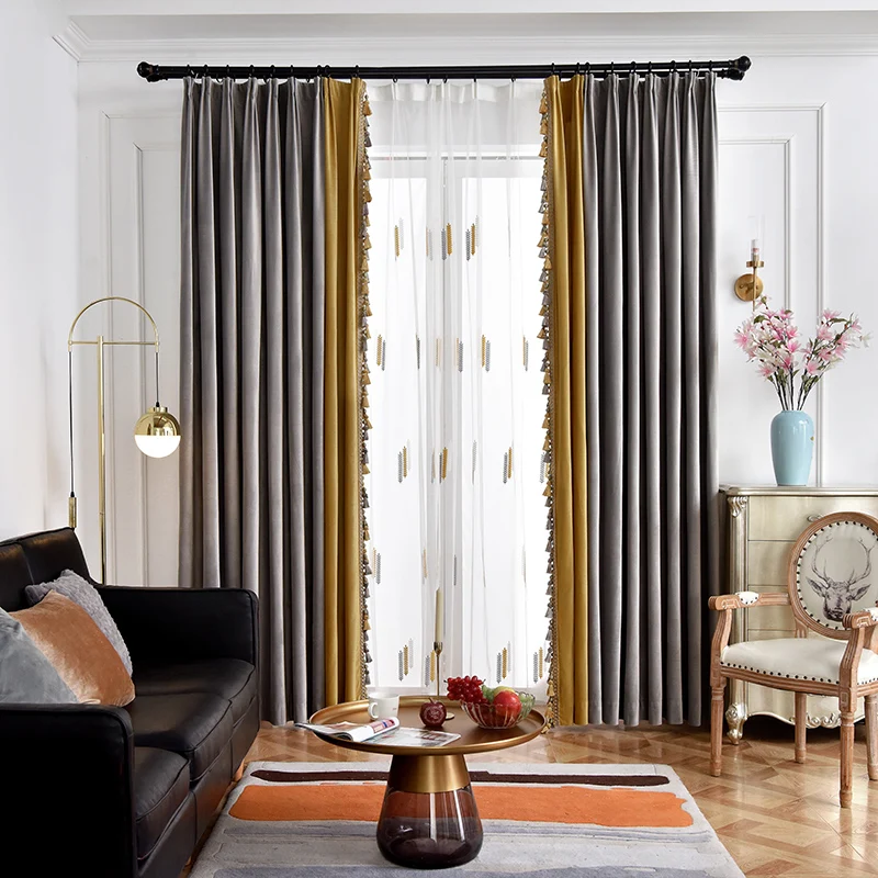 Custom Upscale luxury Nordic living room bedroom light grey patchwork gold velvet cloth blackout curtain tulle drape C1874