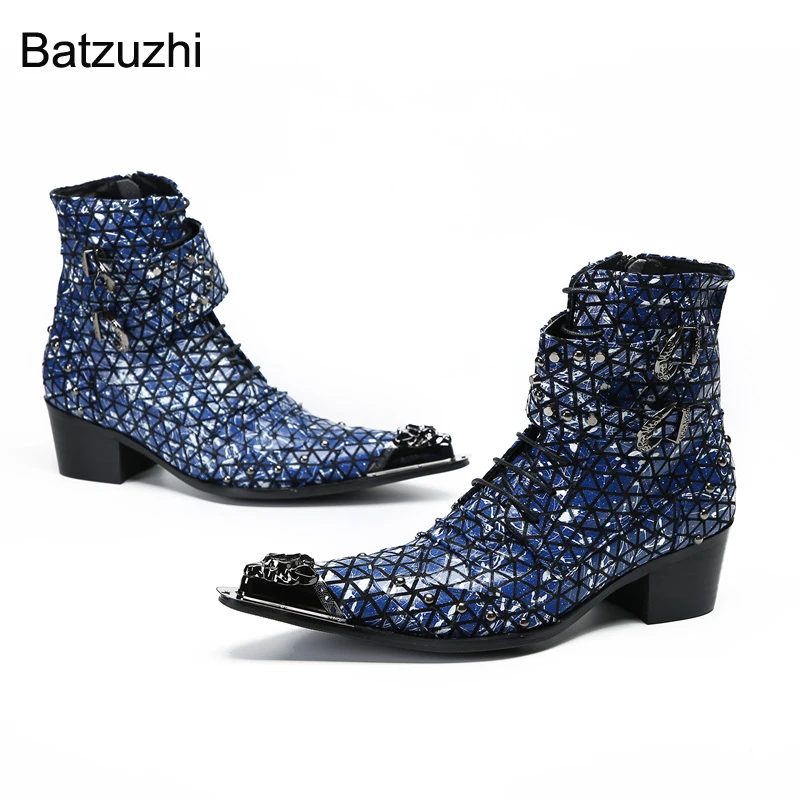 Batzuzhi 6.5CM Heels Men\'s Boots Punk Iron Toe Blue Genuine Leather Ankle Boots Men Zip Buckles Knight Boot for Man, EU38-46