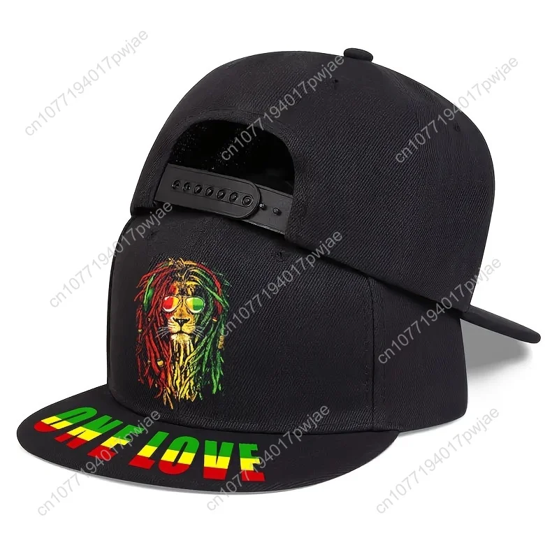 ONE LOVE " Reggae-Inspired Baseball Cap - Street Style, Sun Protection, 100% Polyester, Hand-Washable - Black with Colorful Lion