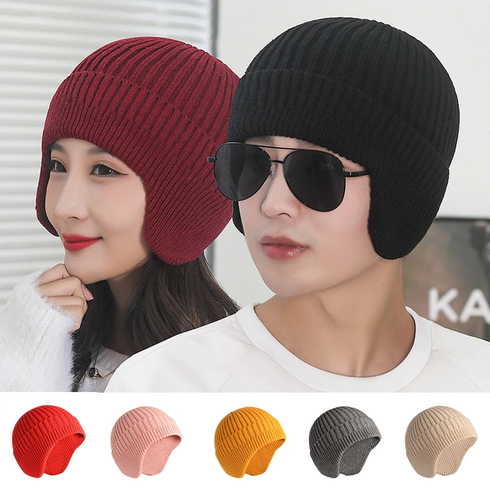 Winter Knitted Beanies Hat Warm Ear Warmer Caps Outdoor Cycling Ear  Protection Skull Hat with Earflaps Windproof bonnet Hats