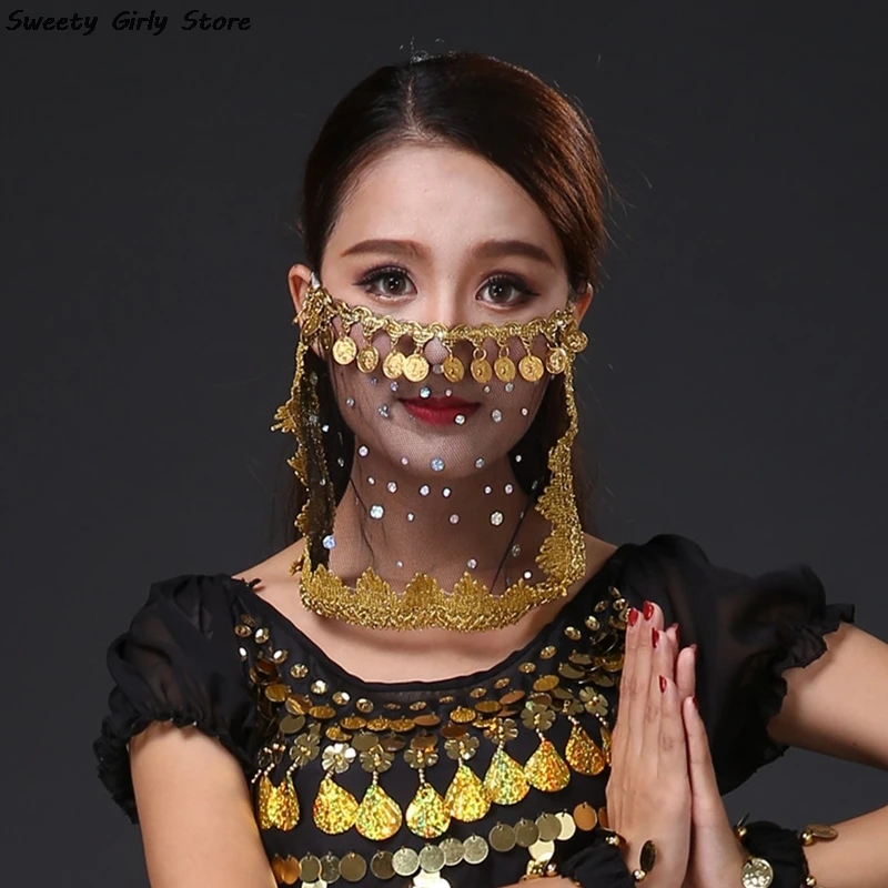 

Performance Tulle Sequin Mask Sexy Fashion Face Veil Belly Dance Face Cover with Golden Coins Indian Bridal Wedding Masquerade