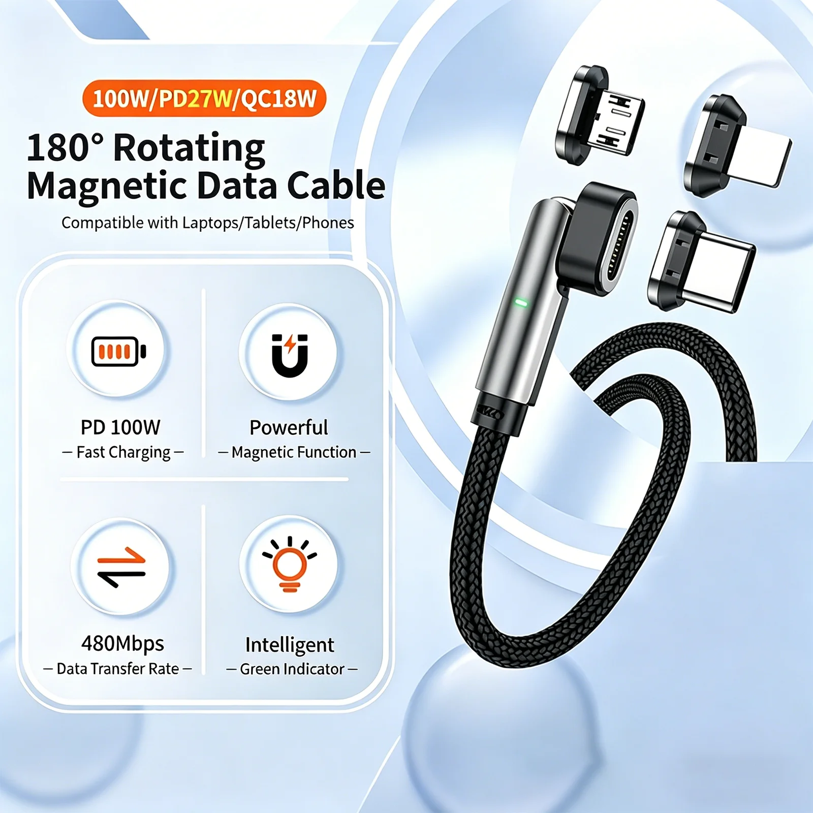 FORZOLA 180 Rotate Magnetic Cable PD100W Fast Charging For Iphone Xiaomi Magnet Charge Micro USB Cable USBC Cellphone Cable Cord
