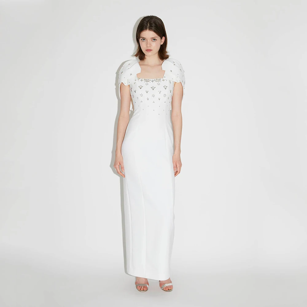 

Luxury Prom Dress Crystal Cape Sleeves Square Collar Column Party Gowns Maxi Ankle Length Back Split Straight Evening Dresses