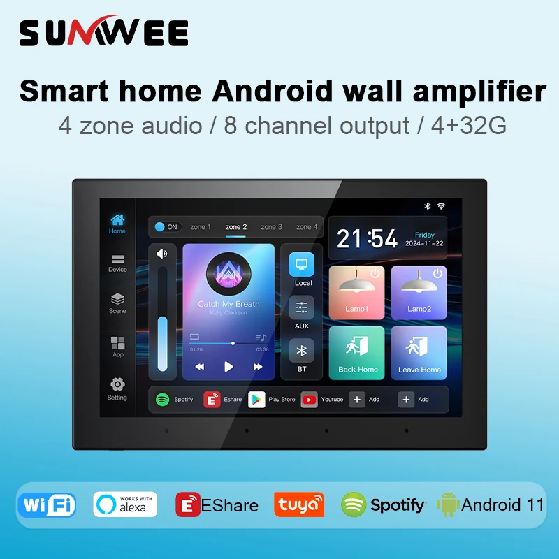 Smart home Android 11 system 4 zone audio in wall amplifier 4+32G 8 inch touch screen bluetooth music player TUYA controls panel