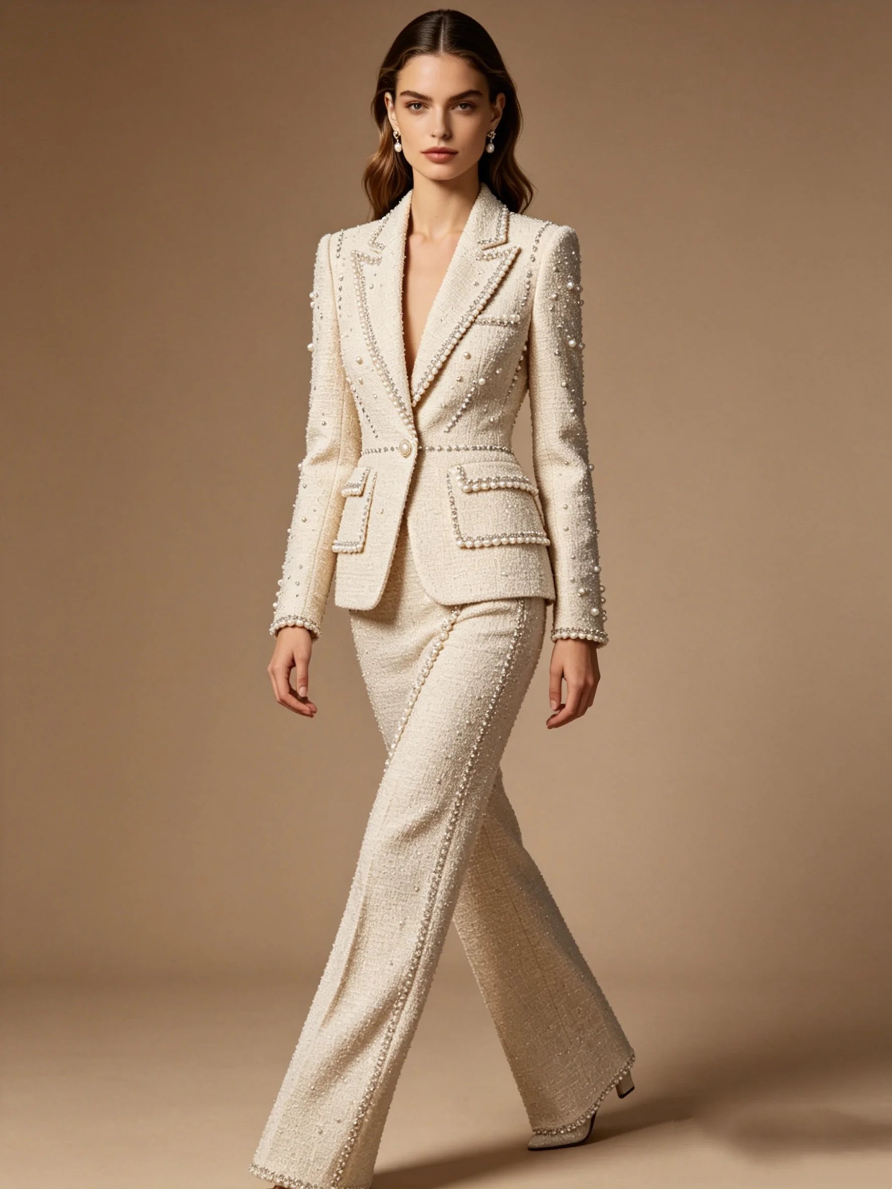 

Luxury Pearls Beige Women Suit Set 2 Pcs Blazer Pants Trousers Shiny Formal Office Jacket Customized Wedding Tuxedo Guest Coat