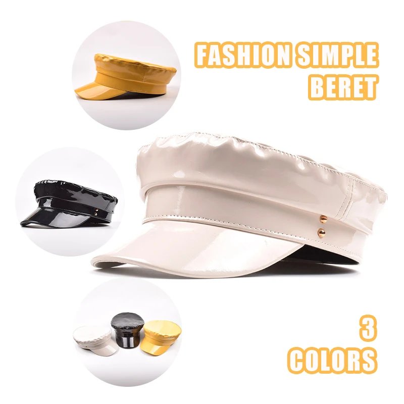 

Unisex PU Leather Military Caps Solid Color British Style Retro Patent Leather Beret Flat Hats Captain Cap Vintage Sailor Hats