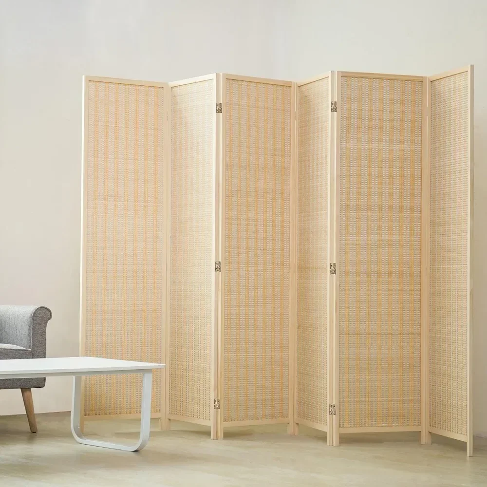 Beige Folding Partition Wall Dividers Divider for Room Separation Woven Bamboo 6 Panel Room Divider Screen Partition Partitions