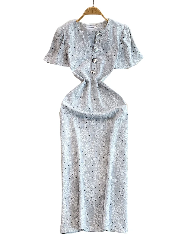 Sexy v-ne bulle Sve longue Dr femmes été lourd broderie dentelle jupe moulante taille haute paillettes scintillantes trajet Sle