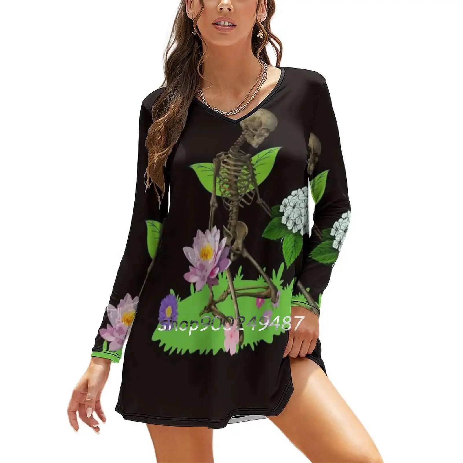 

Bones And Botany Elegant Party Women Dress Slim V Neck Long Sleeve Dress Casual Dresses Bones Botany Skeleton Plants Animals