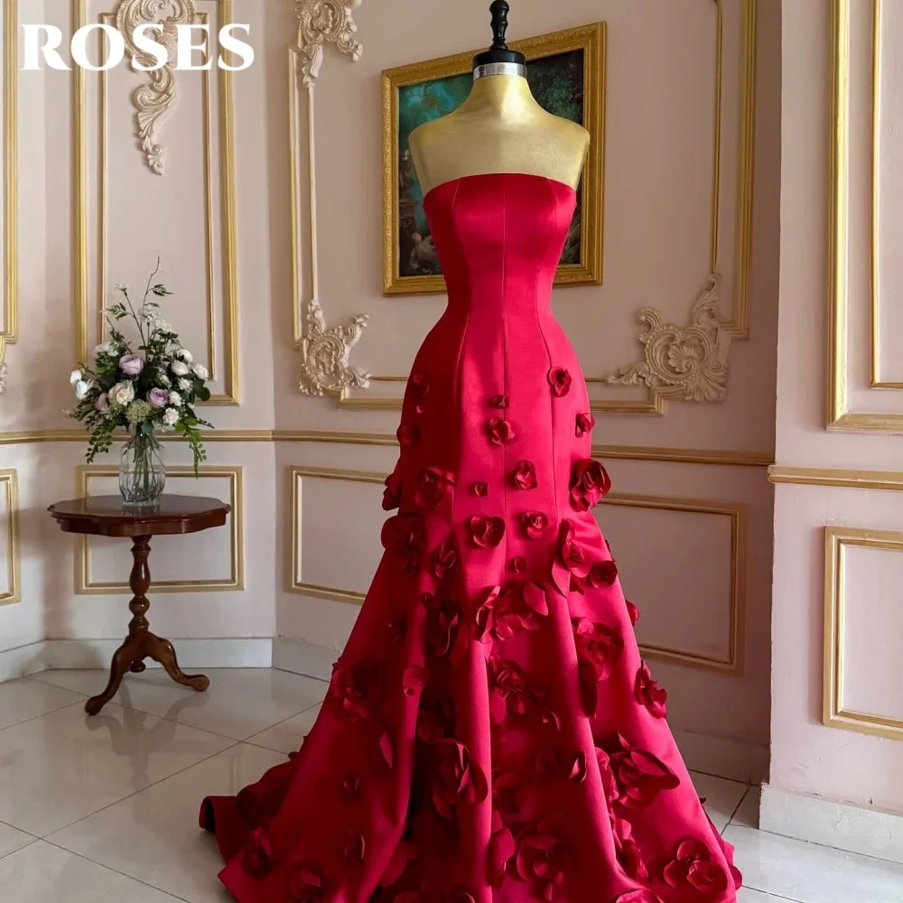 ROSES Rotes, glamouröses Partykleid, trägerloses Trompeten-Abendkleid mit 3D-Blumen, Ballkleid فساتavera Mustacion – Maßgeschneidert