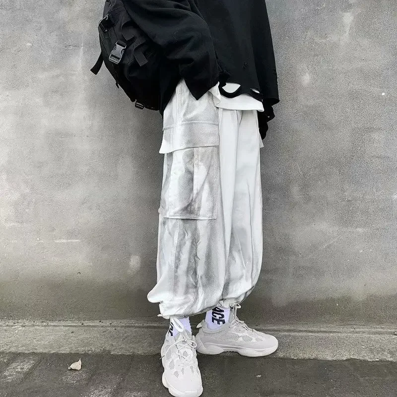 

Ink Tie Dye Men Cargo Harem Pants Side Big Pocket Streetwear Gothic Punk Dance Moto Biker Trousers Safari Male Hip Hop Pants