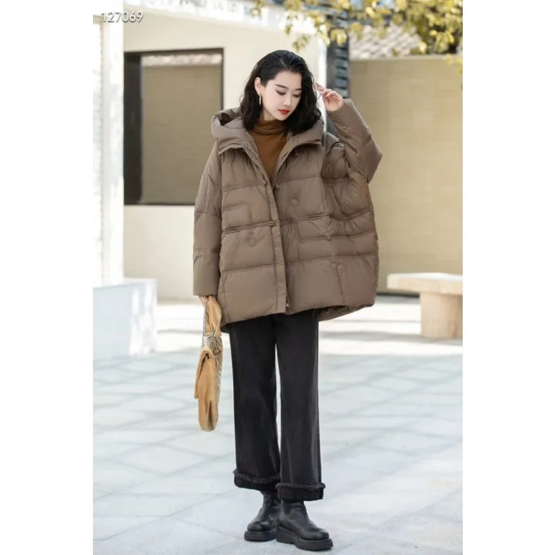 婦人服ダウンジャケットダックダウン新スタイル厚みのあるミッドレングス韓国スタイルルーズフィットフード付きプラスサイズファッショナブル