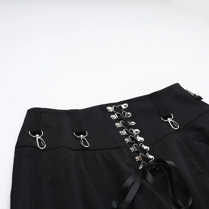 Goth Dark Acubi Fashion Black Swing A-line Skirt Punk Grunge Metal Buckle Streetwear Bandage Skirts Mall Gothic Alt Clother