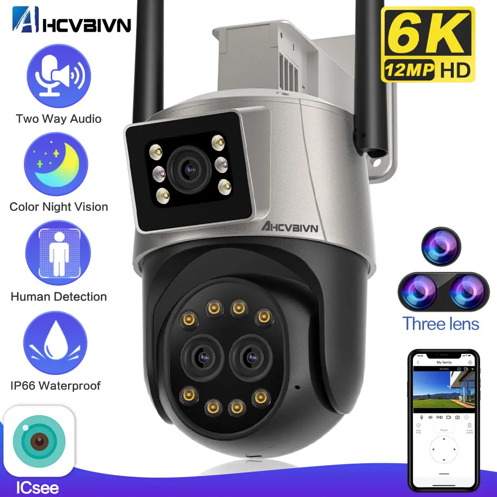 

4K 12MP ICSEE Wifi Security Camera 3 Lens Dual Screen 8X Zoom Outdoor Waterproof Color Night Vision Video Surveillance Camera