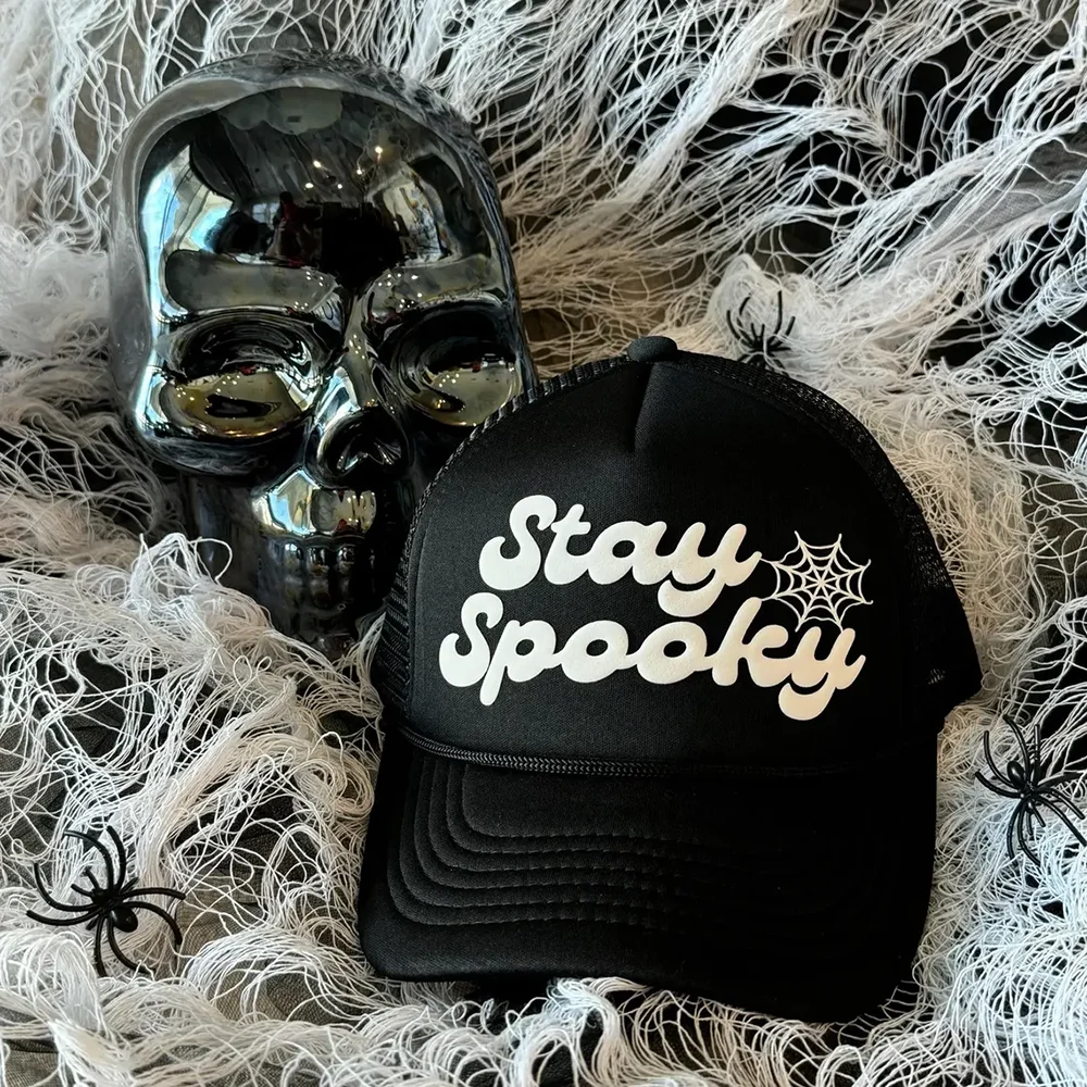 

Stay Spooky Spider Web Halloween Trucker Hat Fun Fall Holiday Gift for Friend Going Out Accessory Happy Halloween Horror Season