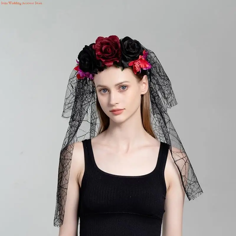 G92D Artificial Flowers Lace Veil Hair Hoop Halloween Headband for Street