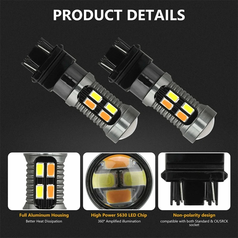 Bombilla LED de doble Color para freno de coche, lámpara de marcha atrás Canbus, señal de giro, Color blanco y ámbar, 5630, 20SMD, 2 uds.