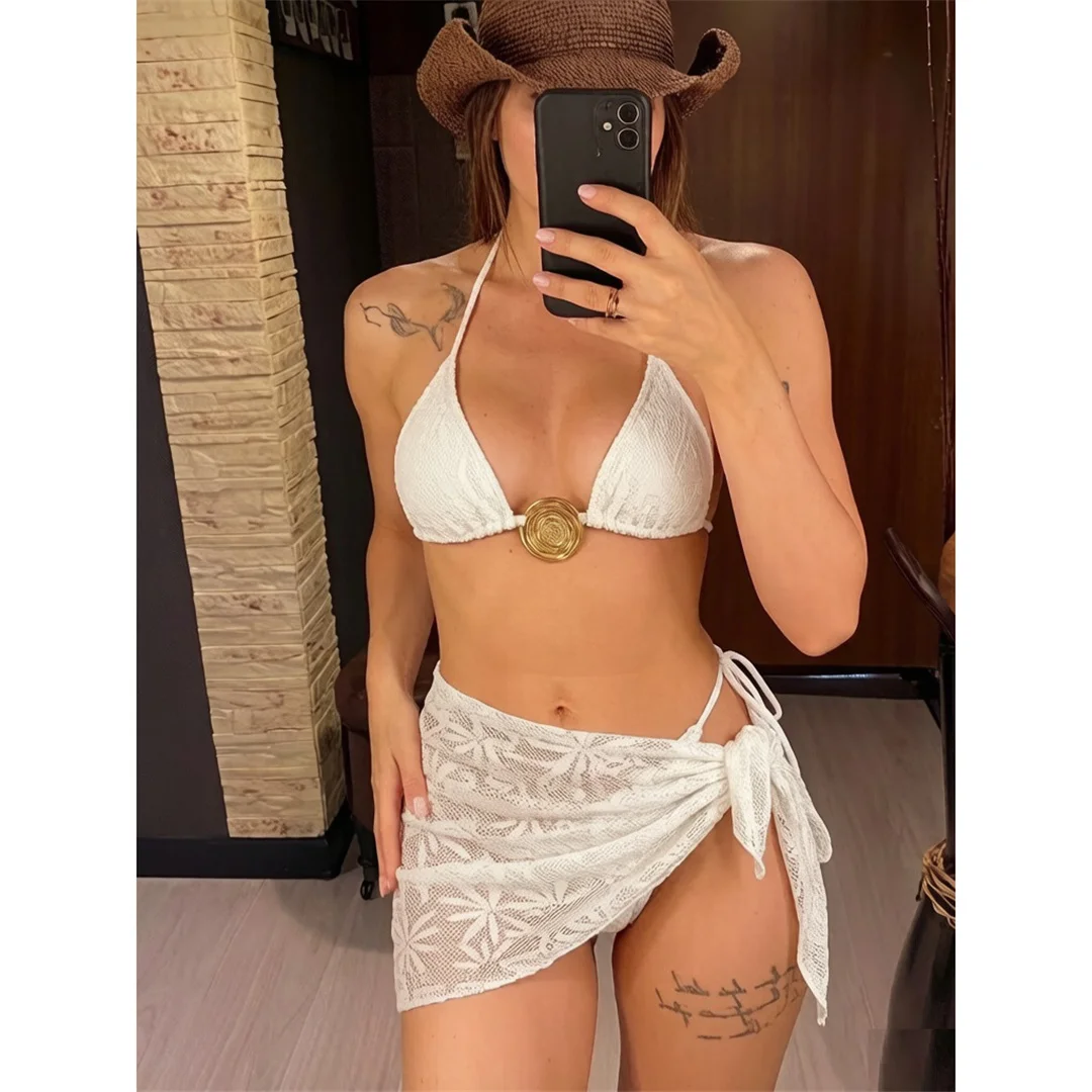 Mit Sarong-Blättern bedruckter Neckholder-Bikini, Damen-Badeanzug, dreiteiliges Bikini-Set, Badebekleidung, Badeanzug, Schwimmanzug V8367 – Detail 5