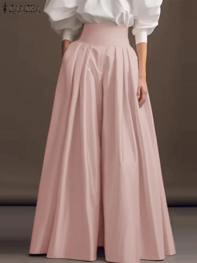 

ZANZEA 2025 Casual Pockets Pant Fashion Solid Pleating Pants Women Wide Leg Formal Trouser Vintage High Waisted Office Pantalons