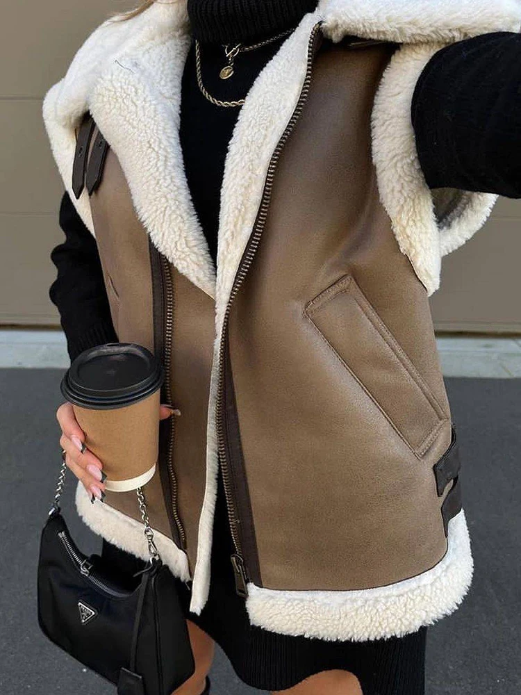 Autumn Winter Women Fur Vest High Street Female Faux Sheepskin Fur Waistcoat Chic Fleece Thick Warm Sleeveless Outwear